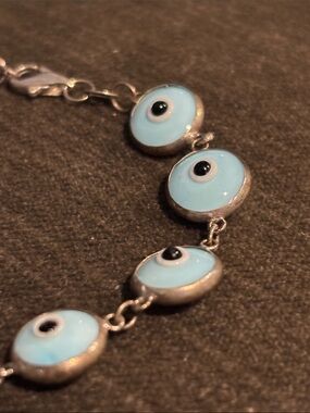 .925 Sterling Silver EVIL EYE BRACELET 7.75” Blue Black White. Ward off bad mojo